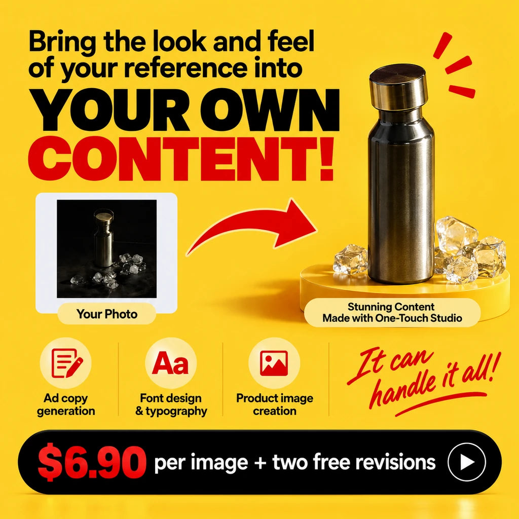 Ad made with OneTouch AD Studio: a steel water bottle on a yellow stand with ice, next to a smaller photo labeled “Your Photo”