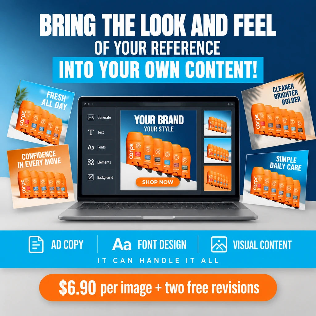 Ad made with OneTouch AD Studio: a laptop showing an ad for a row of orange deodorant sticks, surrounded by four versions of the same ad on a blue background