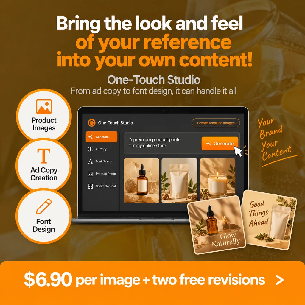 Ad made with OneTouch AD Studio: a laptop with warm-toned skincare product shots on an amber background