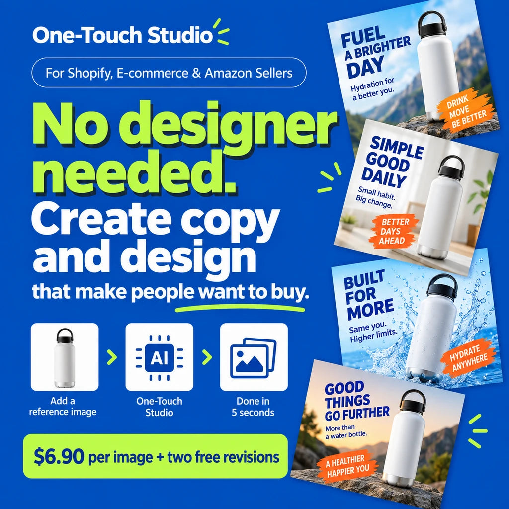 Ad made with OneTouch AD Studio: four ads for a white water bottle, each with a different headline, next to the line “No designer needed.”
