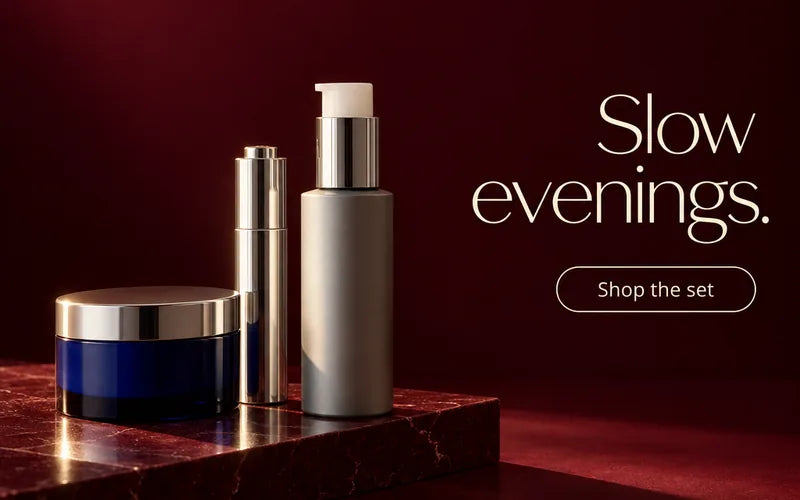 Close-up of the result: same burgundy and low light, new layout around the skincare set