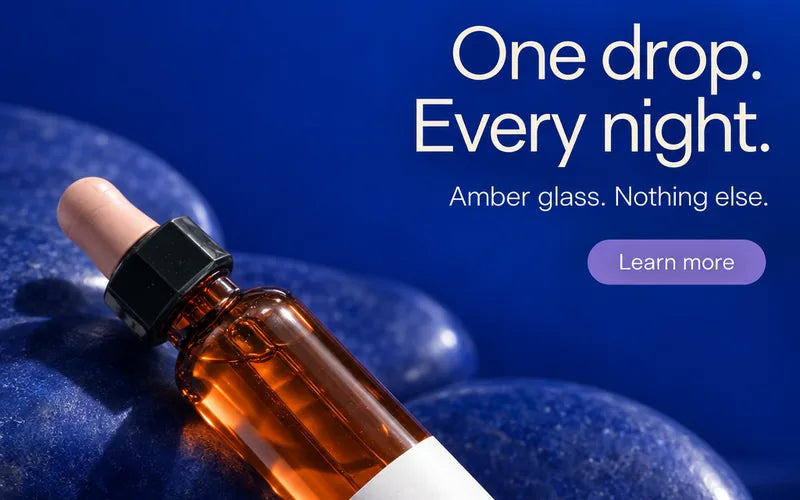 Close-up of the result: same deep blue, clean white type, new layout for the serum