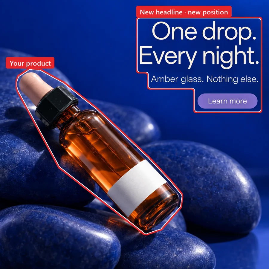 Sample: amber serum bottle on deep blue stones, headline “One drop. Every night.” Red marks show changes from the reference