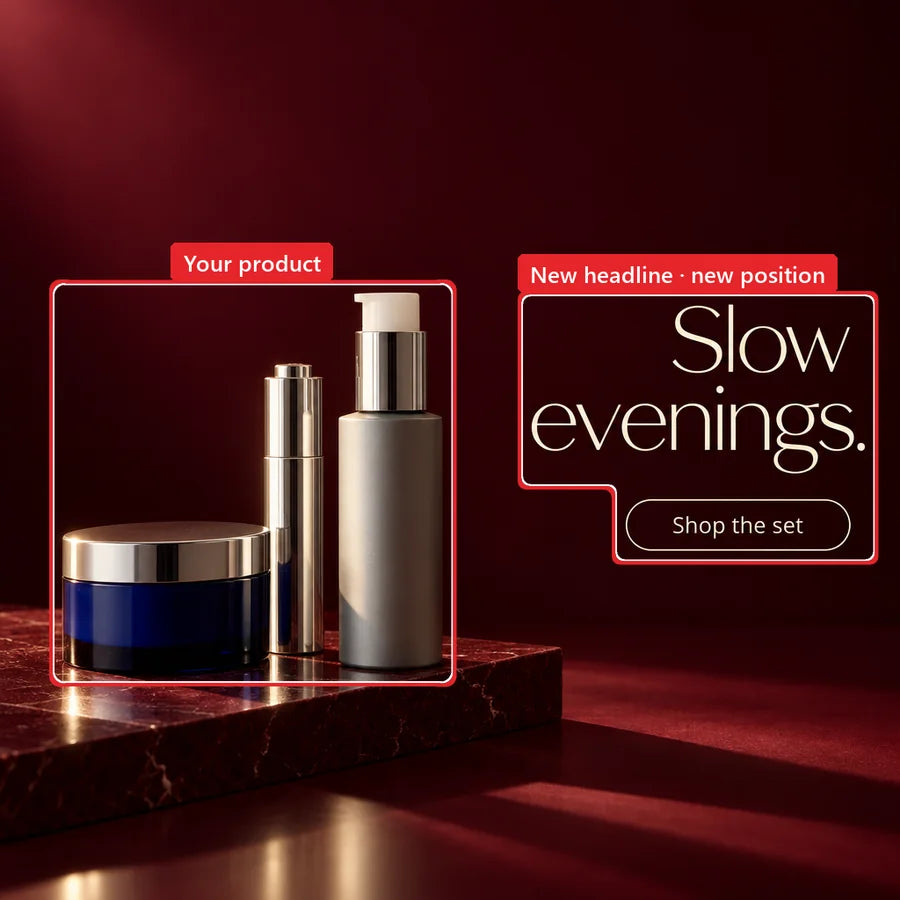 Sample: skincare set on marble, low burgundy light, headline “Slow evenings.” Red marks show changes from the reference