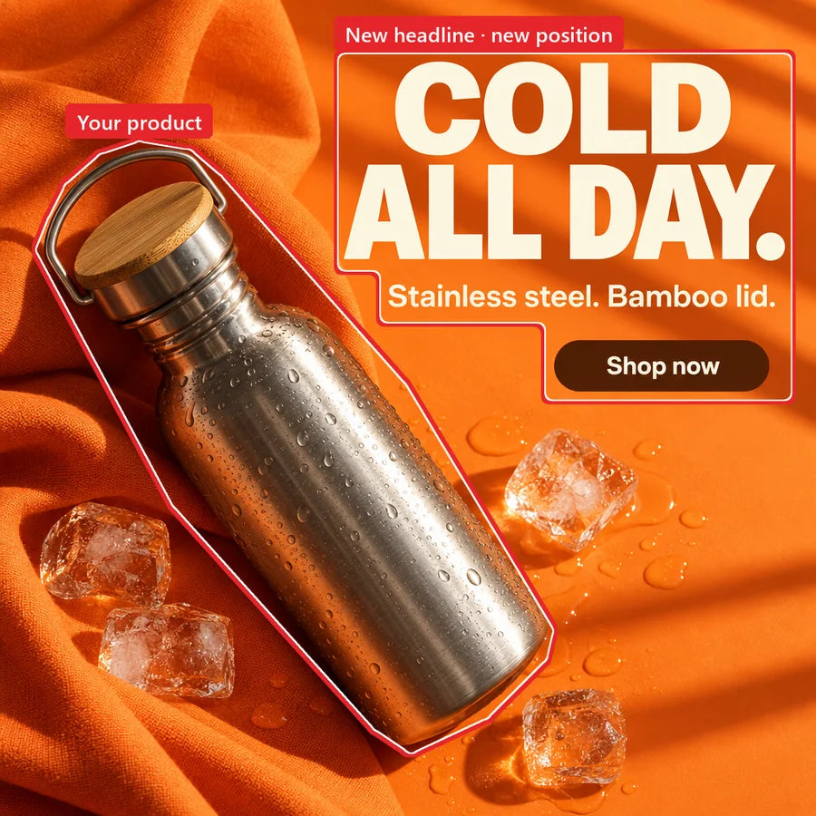 Sample: steel bottle on orange fabric, headline “COLD ALL DAY.” Red marks show changes from the reference
